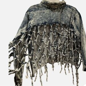 Distressed Denim Jacket with Fringe by KROIX SIZE 1x